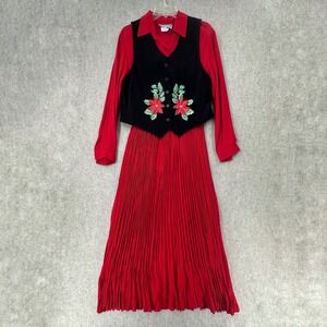 VTG Stonebridge Dress Red Black Velvet Christmas Vest Long Maxi Modest‎ Holiday